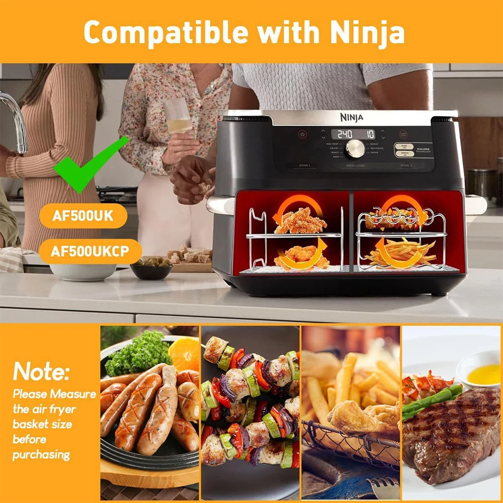 Air Fryer Accessories Rectangle Dual Basket Double Layer Grill Skewer Rack For Ninja DZ201 DZ401 DZ550 Roasting Cooking