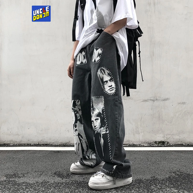 UNCLEDONJM High Street Patchwork Printed Jeans Ins Hip Hop Wide Leg Pants Men hip hop jeans men baggy jeans