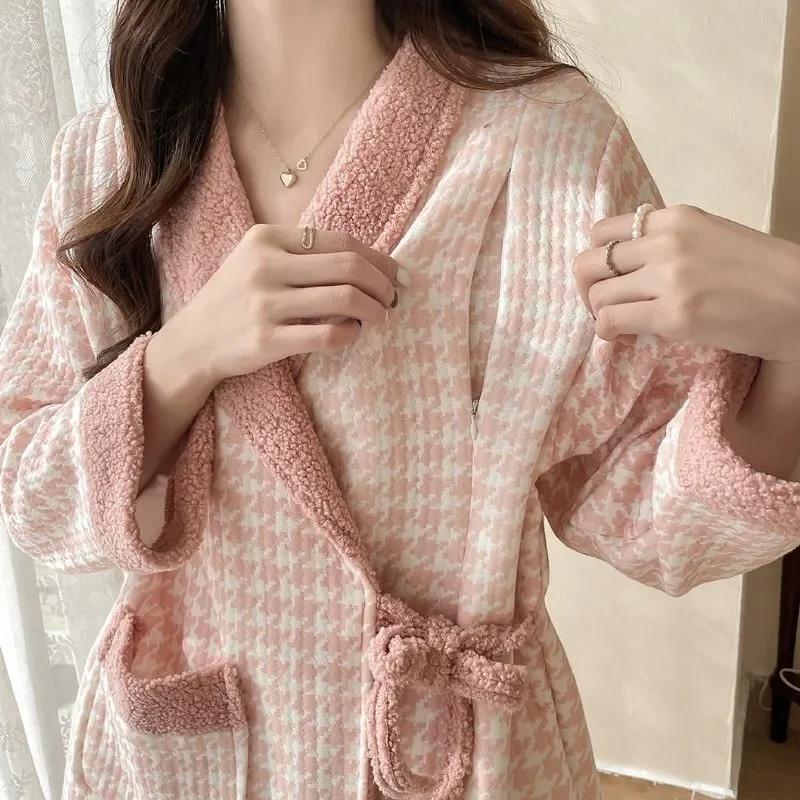2024 New Coral Fleece Nursing Clothes Autumn Winter Plus Fleece Thick Pregnant Women Pajamas Warm V-neck Homewear Two-piece Suit