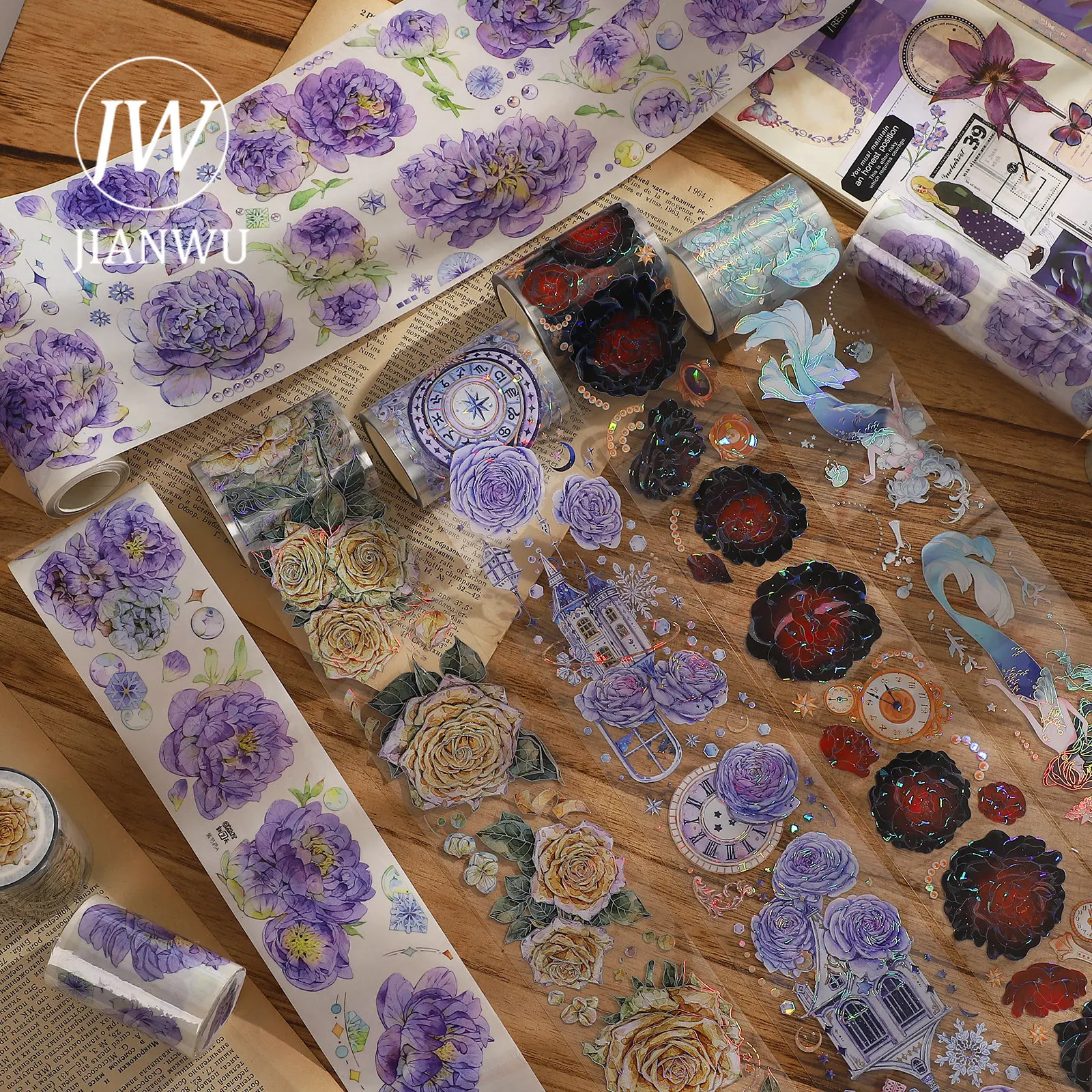 

JIANWU 300cm/500cm Flower Landscape Tape Special Process Vintage Laser PET Washi Tape Creative DIY Scrapbook Decor Stationery