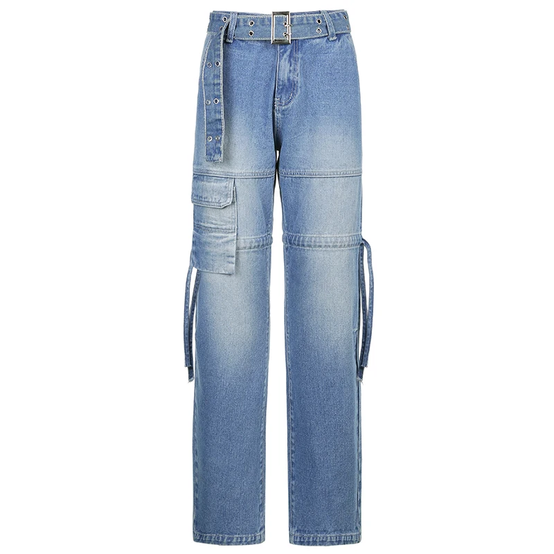 topshop jeans JMPRS Y2K Blue Jeans Retro Sashes Denim Pants Ruched Drawstring Cargo Pants Female Big Pockets Trousers Ladies Streetwear Jean wide leg jeans