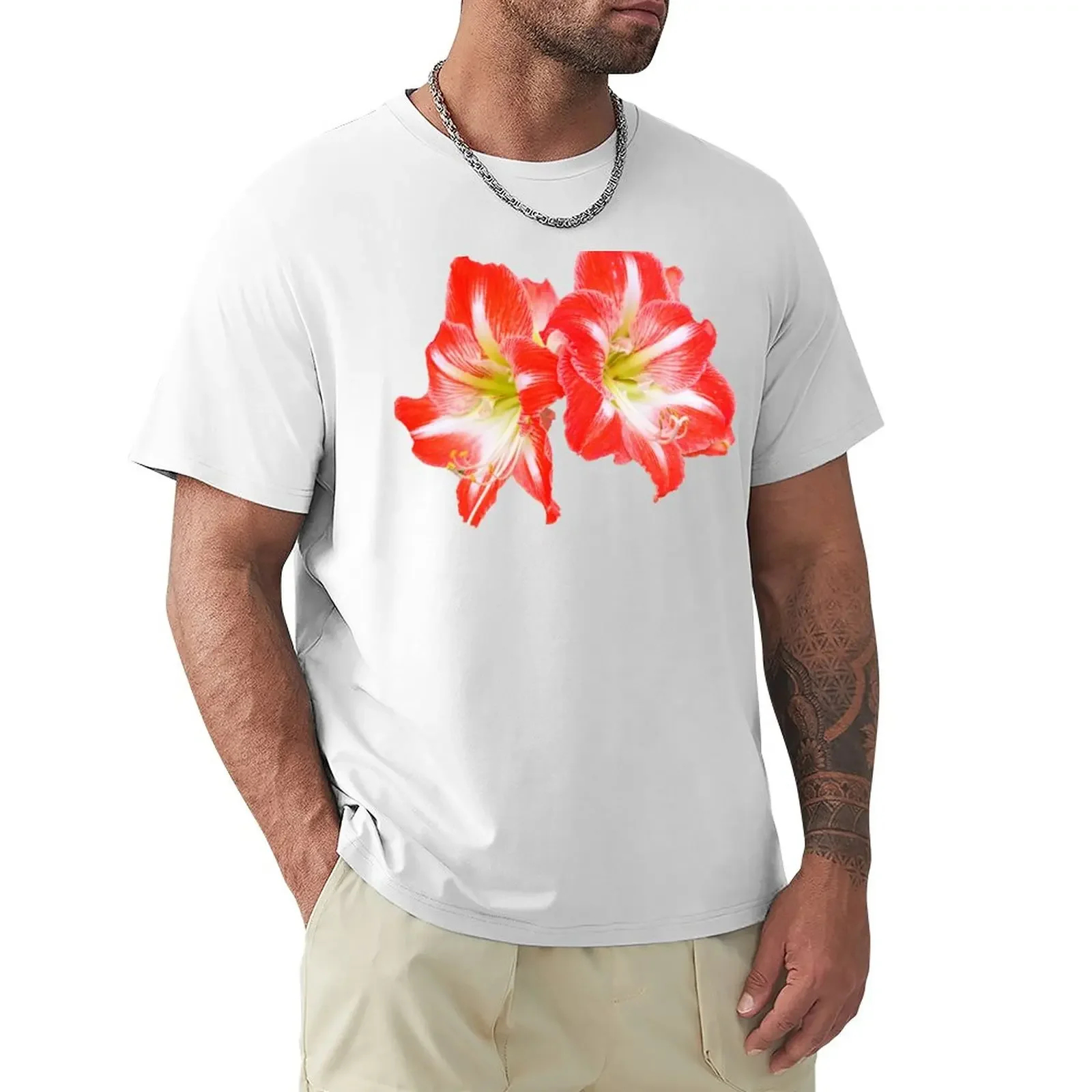 

Two Red Amaryllis Hippeastrum on White T-Shirt customs design your own heavyweights oversized t shirts for men