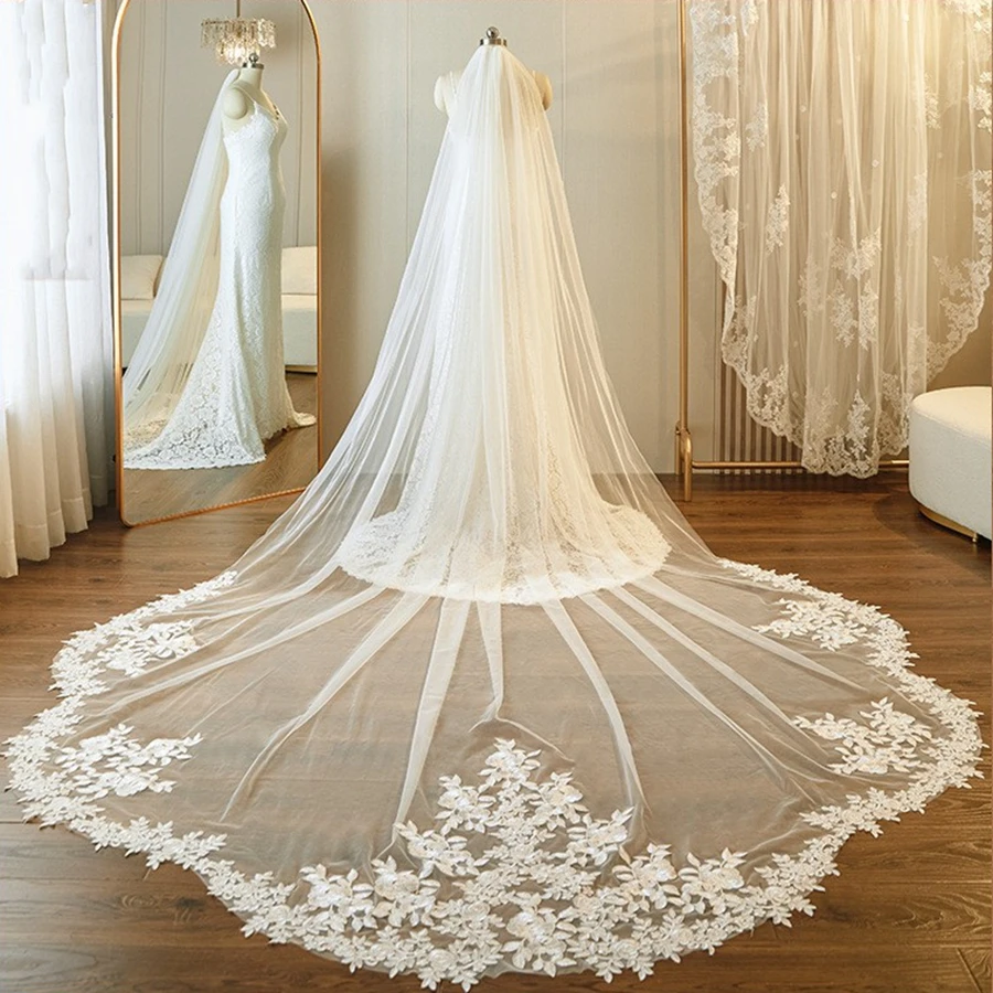 

New Arrival 3*3 Meter Cathedral Wedding veils Lace Appliques Wedding accessories Bridal veil White Ivory velo de novia elegante