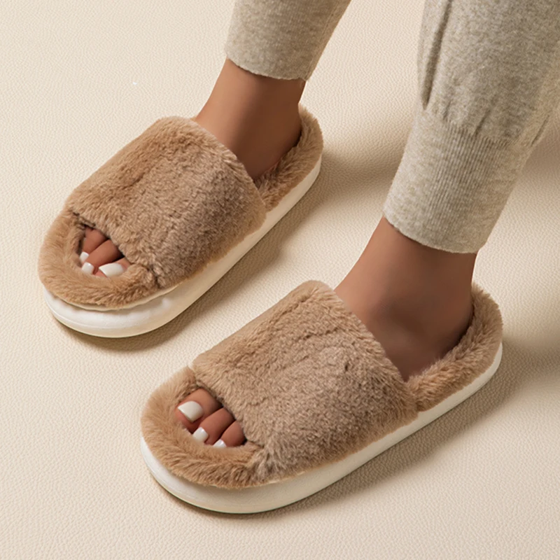 White Thick Bottom Fluffy Slippers Women Winter Soft Faux Fur Cotton Slippers Woman Indoor Anti Slip House Plush Slides Lady