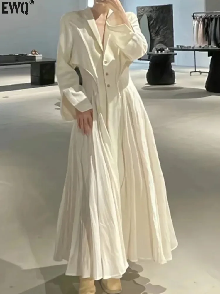 

Женское платье в стиле пэчворк [EWQ], черное элегантное платье с длинным рукавом и высокой талией, со складками, Новинка лета 2024