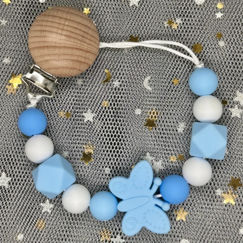 Baby Handmade Beech Dummy Pacifier Clips Silicone Beads Butterfly Chain Pacifier Chains for Baby Teething Toys Newborn Chew Gift