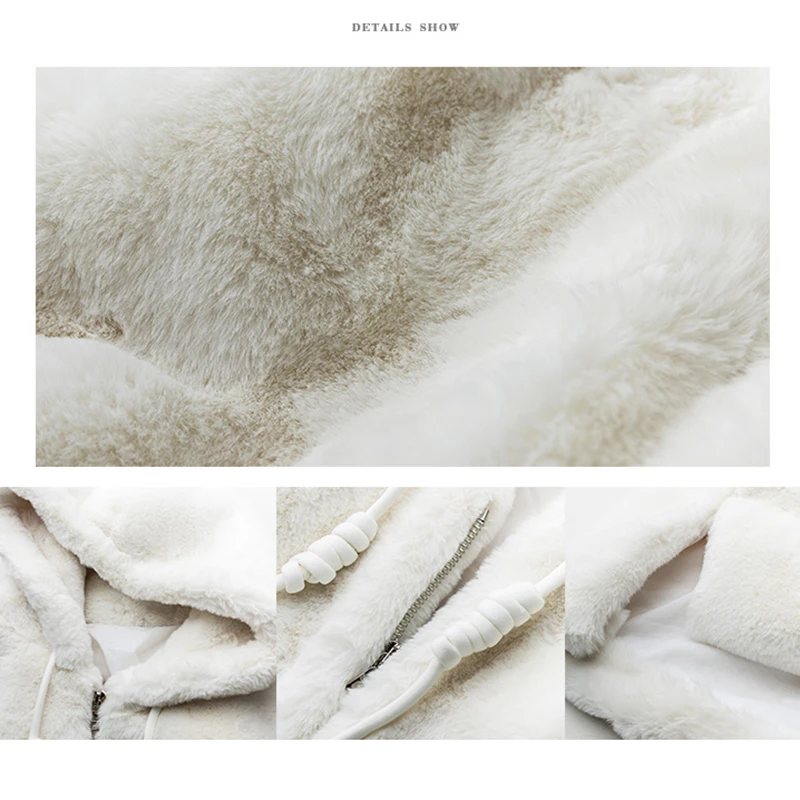Winter Casual Loose Hooded Faux Fur Coat Women Elegant Plus Size Warm Furry Jacket Luxury Faux Rabbit Fur Short Thicked Overcoat