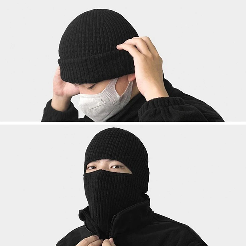 

2023 New 2 In 1 Mask Beanies Men Winter Balaclava Hat Face Shield Ski Bonnet Tactical Cycling Earmuffs Cap Knitted Headgear