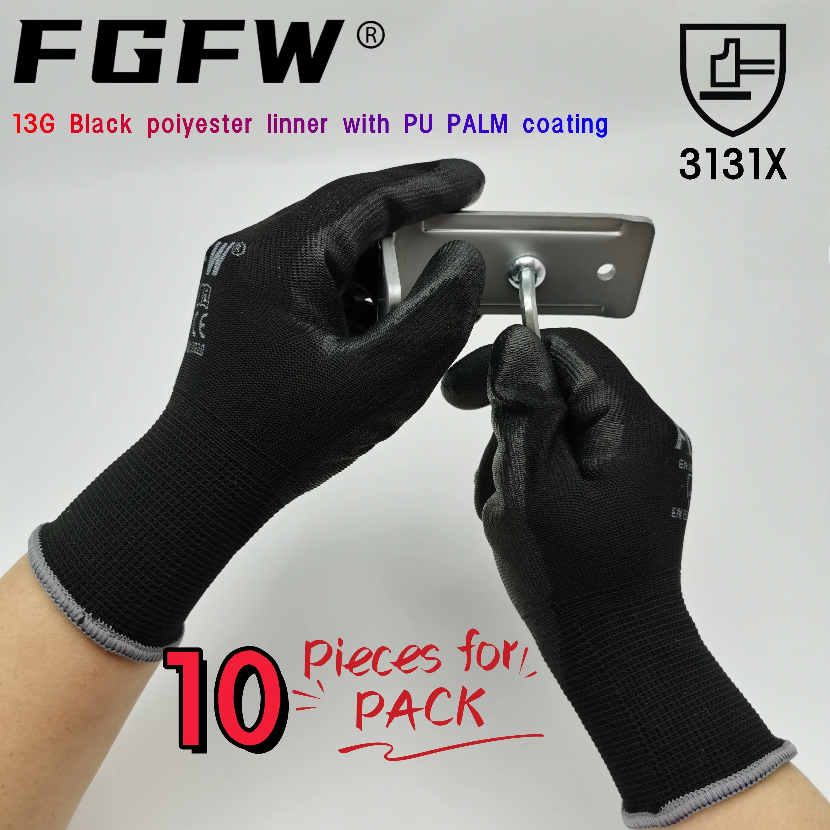 Durable Black Polyester Work Gloves - 10 Pairs, Abrasion & Tear Resistant, CE Certified