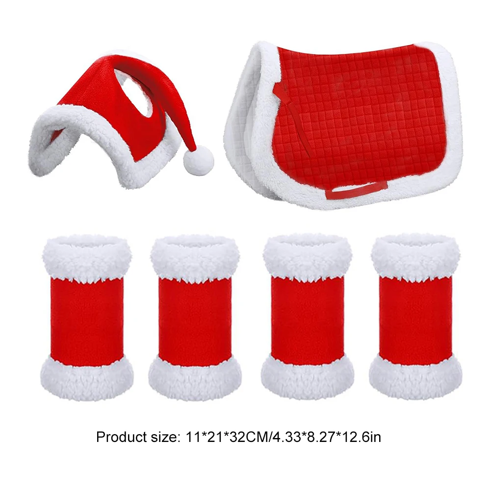 6pcs Horse Christmas Santa Hat Holiday Decor Multi-Purpose Santa Hat Leg Wraps Western Saddle Pad for Horses Parade Family Party
