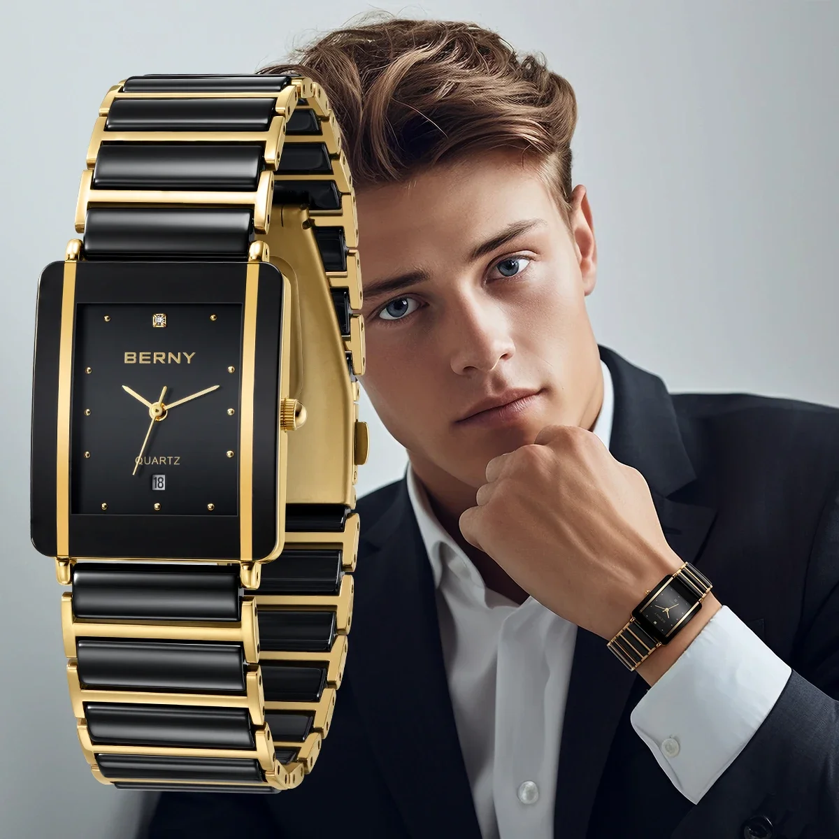 Ceramic Men Quartz Watch BERNY XV12 Top Brand Luxury Stainless Steel Rectangle Wristwatch Waterproof Calendar Gold Watch for Man