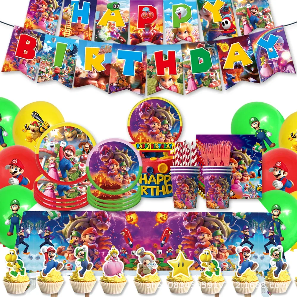 

Mario Theme Children's Birthday Party Decoration Pull Flag Supplies Disposable Latex Balloon Cartoon Cake Insert Card Paper Cup