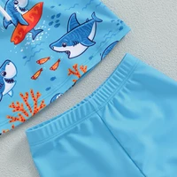 Fashion New Baby Boys Swimsuit 3CS Summer Rash Guard Beachwear Set Short Sleeve Shark Tree Print Top Shorts Hat Toddler Swimwear 6