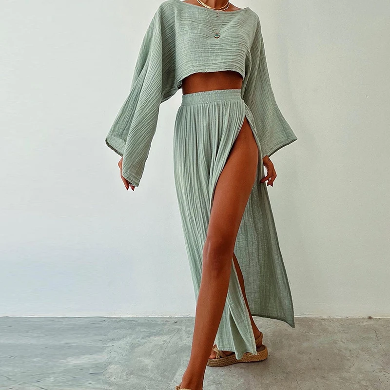 Spring O Neck High Waist Slit Women Skirt Outfit Summer Flare Sleeve Hollow Suit Casual Cotton Linen 2 Piece Sets
