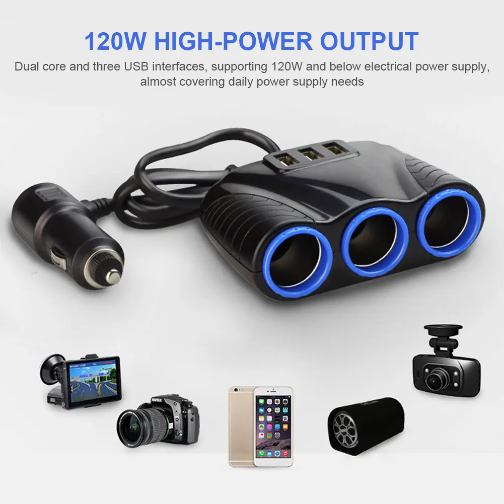 12V-24V 자동차 시가 라이터 플러그 3.1A 120W 시가 라이터 어댑터 3 웨이 자동 충전기 어댑터 자동차 액세서리 용 3 USB 포트