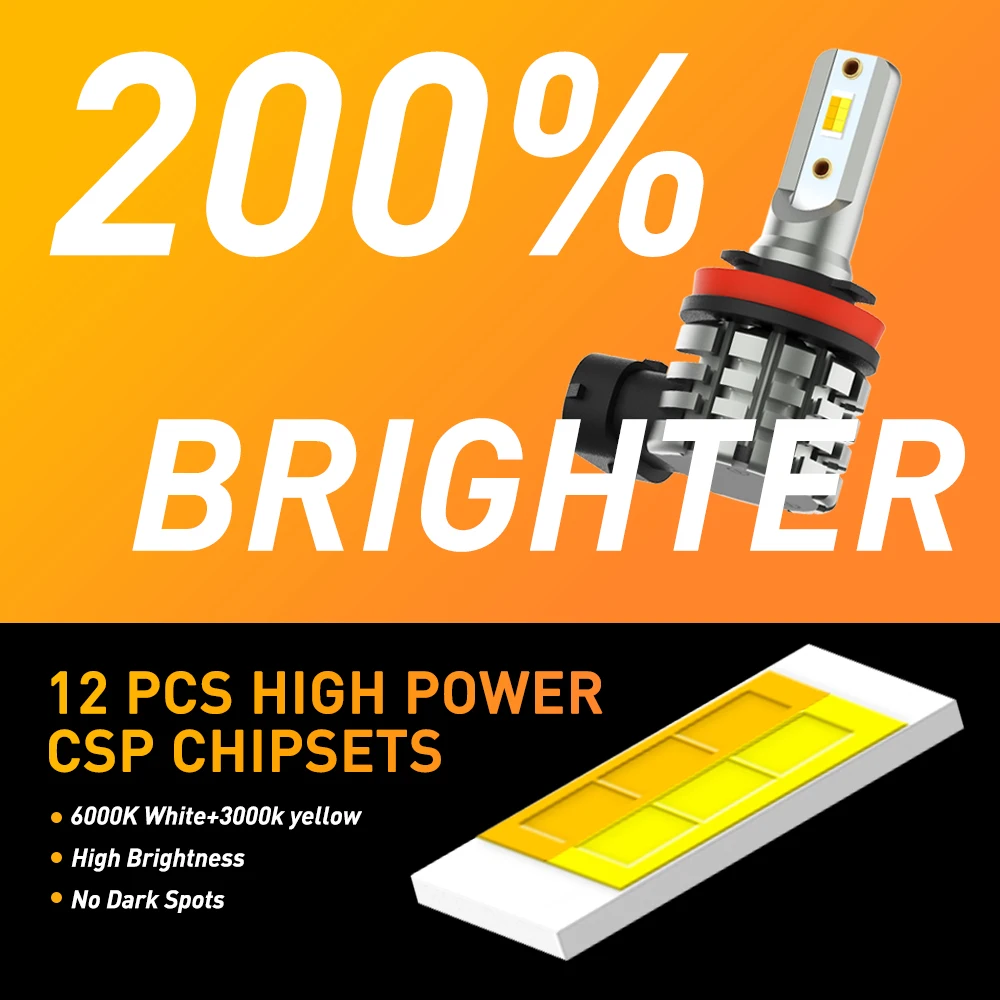 AUXITO 2개입 H11 H8 LED 안개등 캔버스 H9 H16JP LED 안개등 전구 주간 주행등 오류 없음 초고휘도 듀얼 컬러 노란색 & 흰색