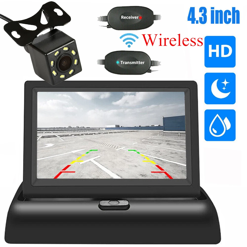 

Wireless Foldable Car Monitor 4.3-inch TFT LCD HD Parking Monitor Night Vision With Reverse Camera for Car MPV RV SUV Parking