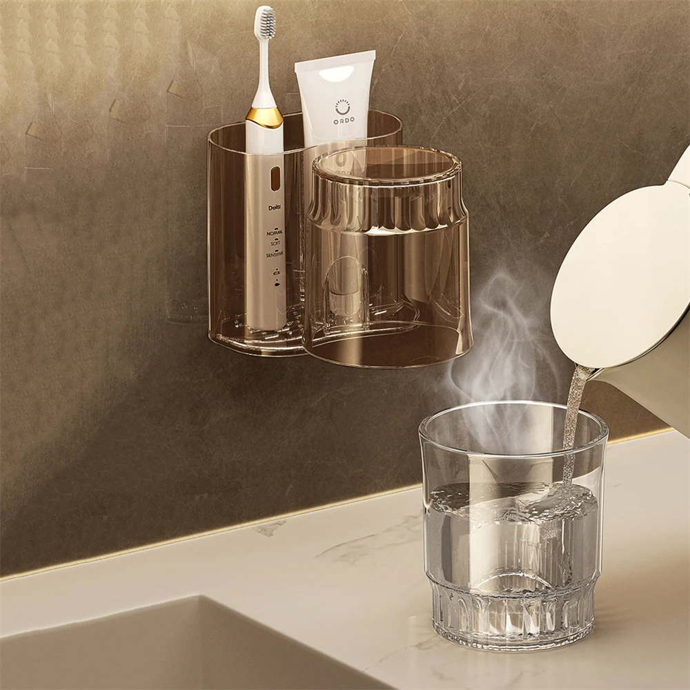 Wall Mounted Toothbrush Holder Set With Mouthwash Cup Bathroom_voghion.com