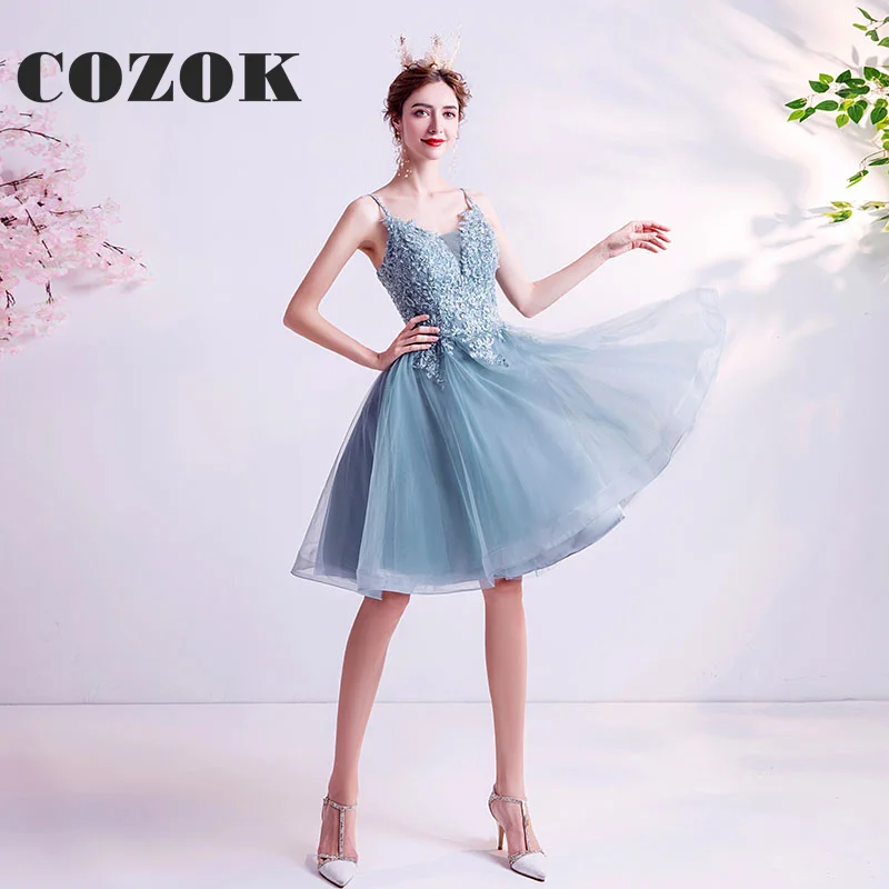 

Elegant Short Blue Evening Dresses V-Neck Classic Sleeveless A Line Prom Dresses Robe De Soirée Custom Size SX13
