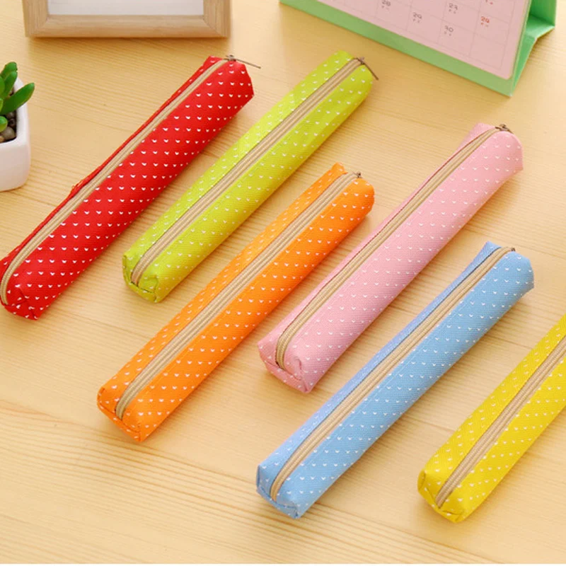 Strip Shape Candy Color Pencil Case Bag Dots Canvas Pens Storage Bag Stationery Pouch for Kids