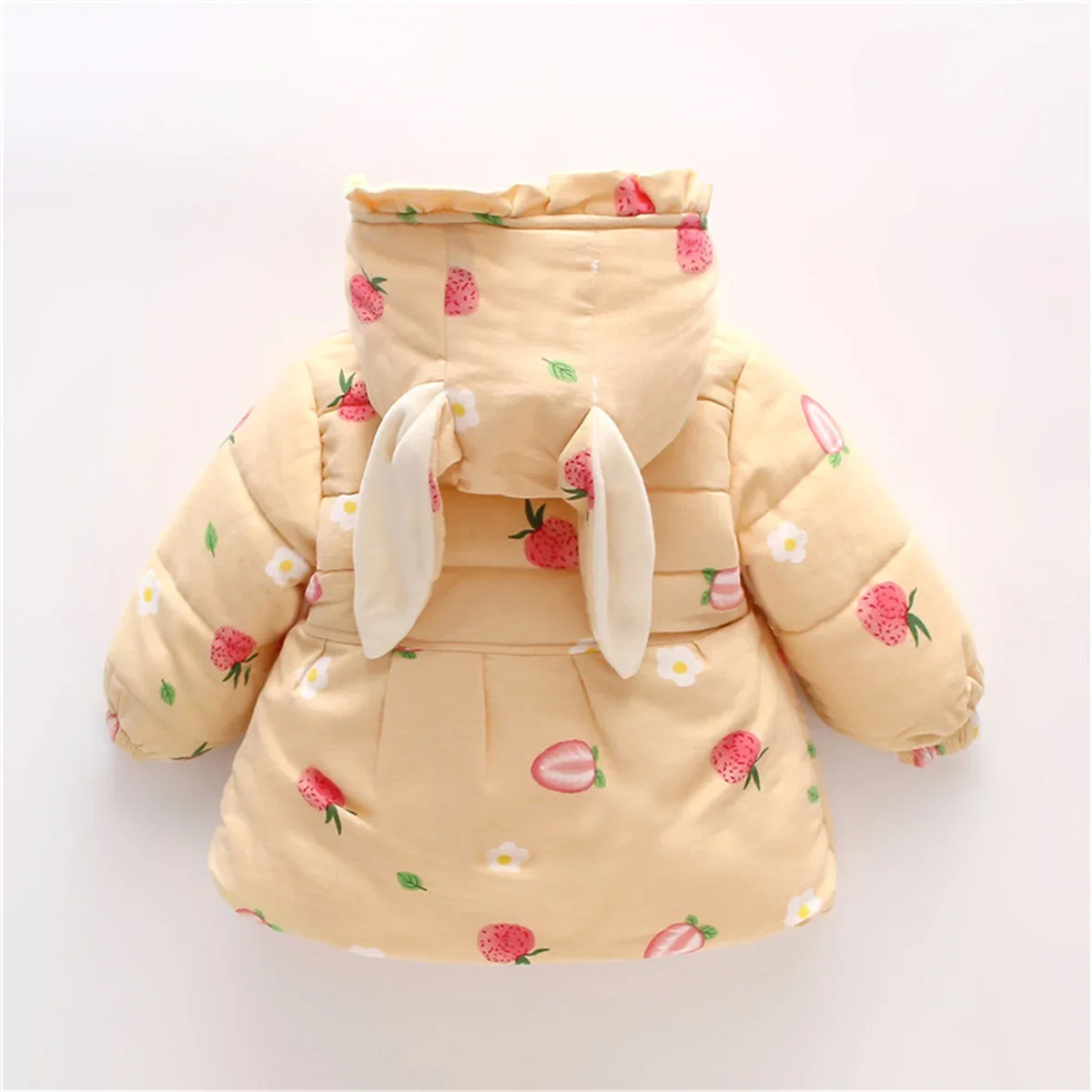 Autumn and Winter New Girls' Coat Bubble Sleeve Cotton-padded Jacket Cute Cartoon Pattern Bunny Ears Furry Pocket