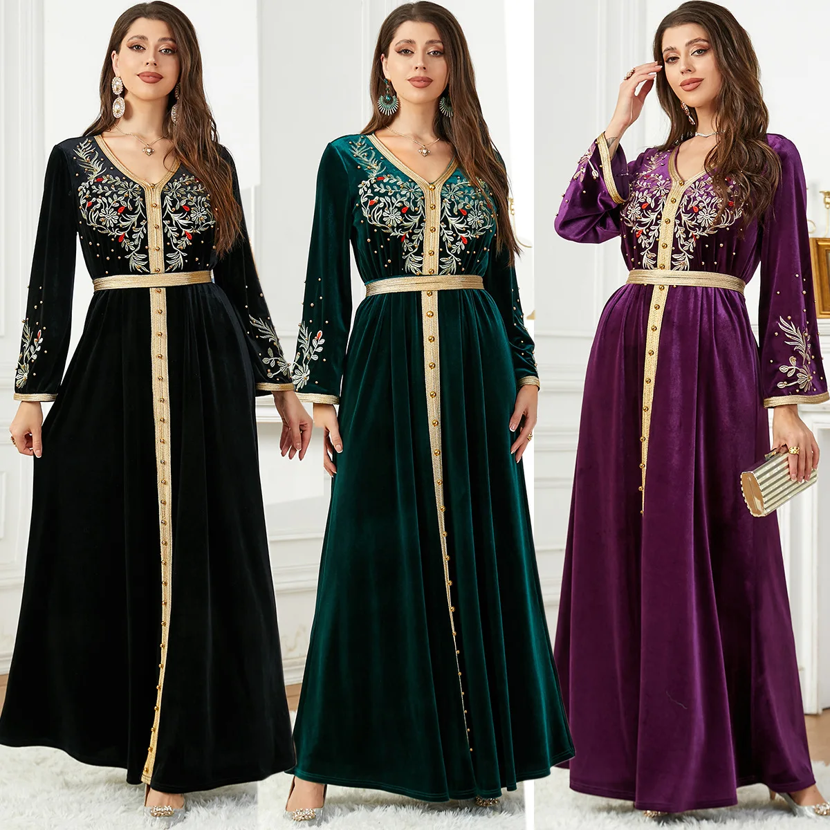 

Islamic Ramadan Luxury Middle East Dubai Fashion Autumn/winter Embroidered Beaded Velvet Dress Arab Women's Evening Dress