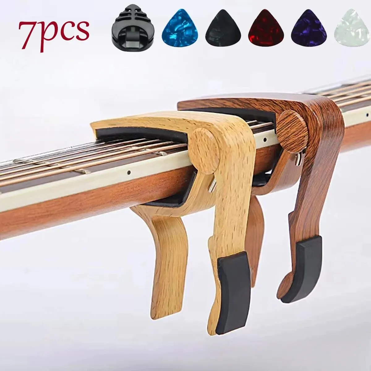 7pcs Guitar Capo for Acoustic And Electric Guitars With 5 Picks For Free And 1 Picks Holder,Mahogany Color; Burlywood