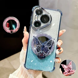 Custodia per telefono a specchio glitterato a farfalla con supporto antiurto