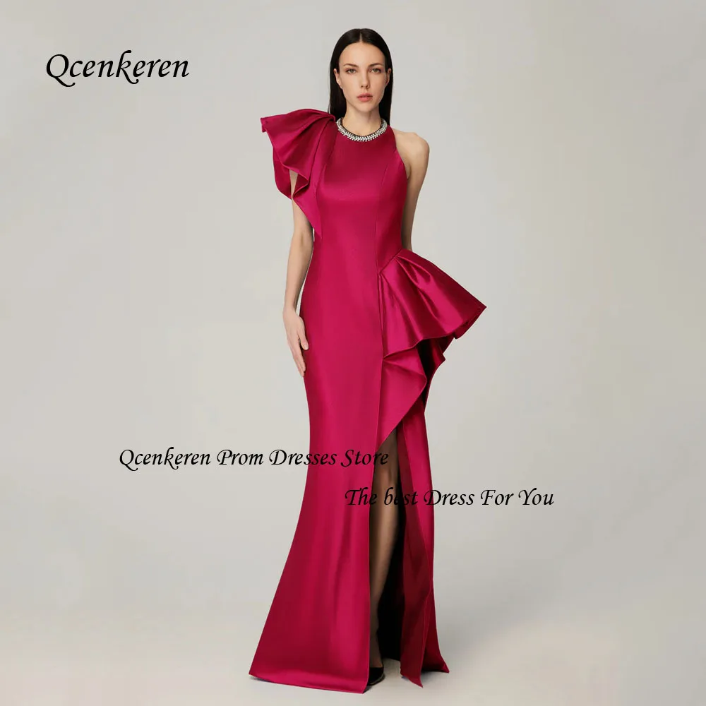 

Qcenkern Fuchsia Halter Prom Gown Slim Satin Side Split Mermaid Evening Gown Floor-Length Sleeveless Party Dubai Gown