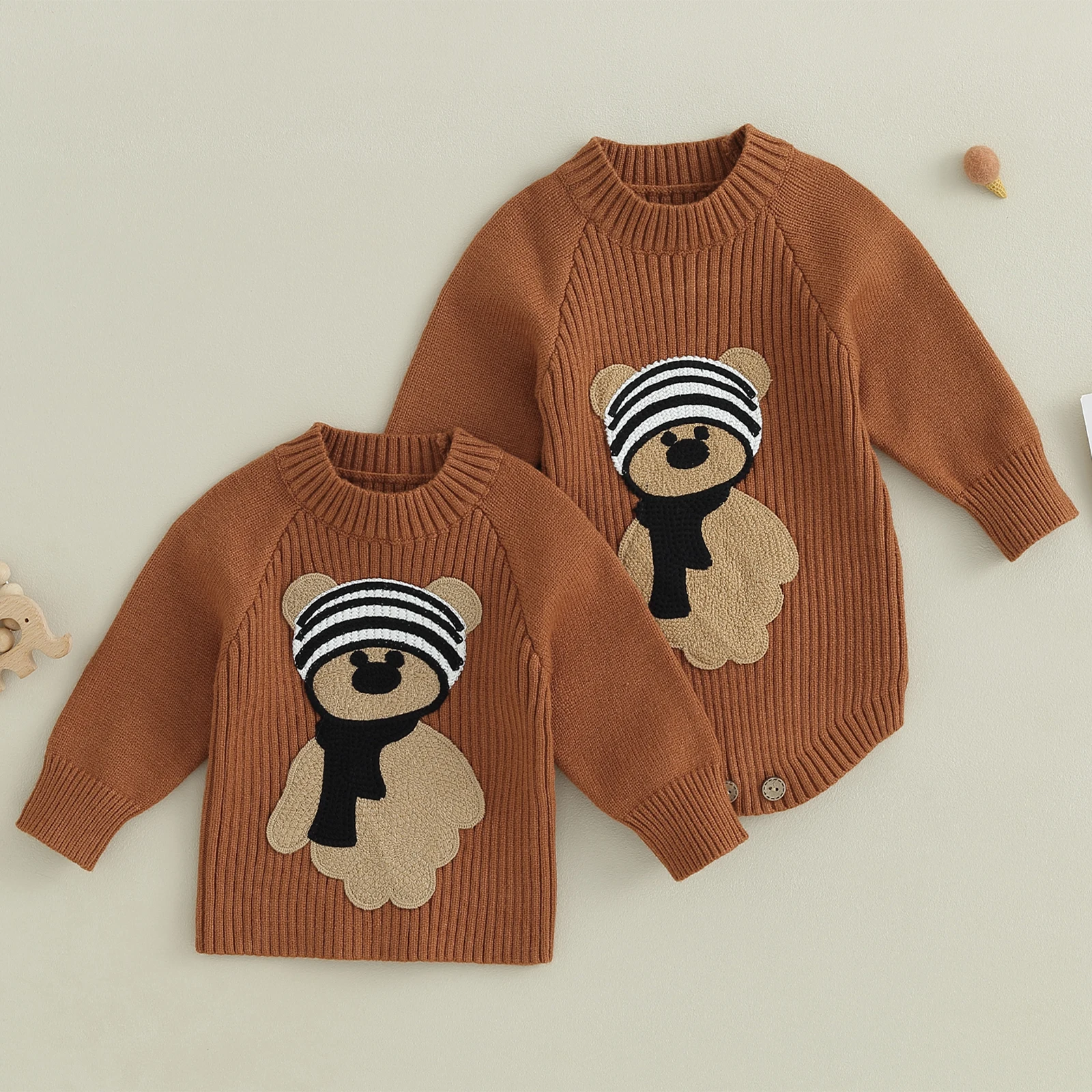 EWODOS Toddler Baby Boys Girls Knitted Bodysuits/Tops Long Sleeve Cartoon Bear Embroidery Knit Sweaters Infant Fall Outfits