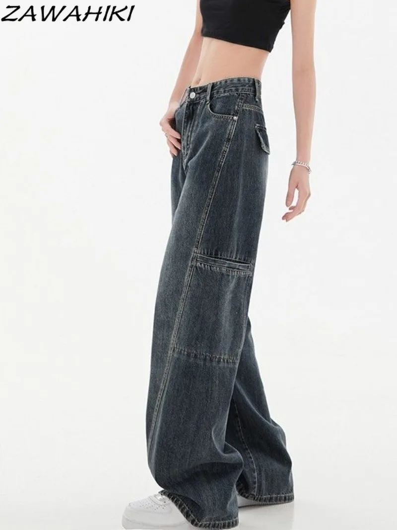 

American Wide Leg Solid Color Loose Designed Chic New Arrive Spring Autumn Cargo Jeans High Street Vintage Y2K Aesthetic Pants