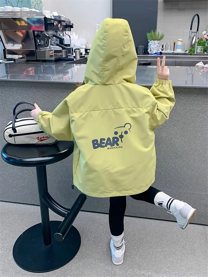 새로운 여자 얇은 트렌치 재킷 가을 봄 어린이 캐주얼 지퍼 Tracksuit 코트 어린이 의류 하이틴 후드 방풍 겉옷