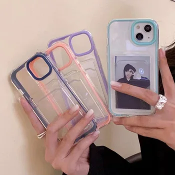 Candy Color 3 in 1 Clear Phone Case For iPhone 17 16 14 11 13 12 15 Pro Max Air XR XS 7 8 Plus SE Photo Card Pocket Wallet Cover 1