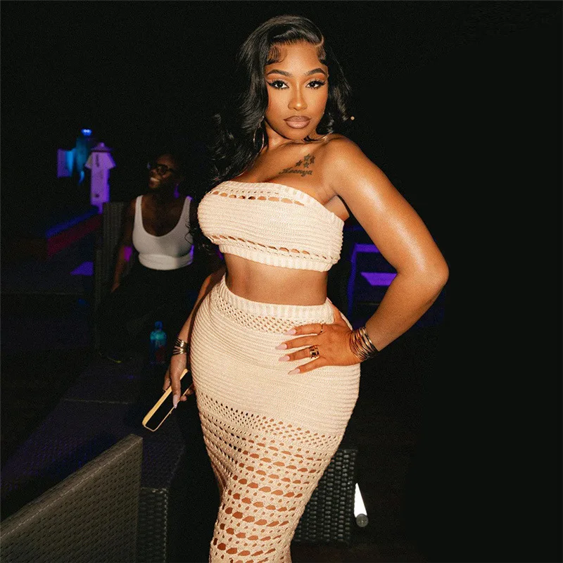 

Hollow Out Knitted Two Piece Set Women Sexy Strapless Crop Tops High Waist Midi Skirts Sexy Clubwear Party Suits Beach Outfits