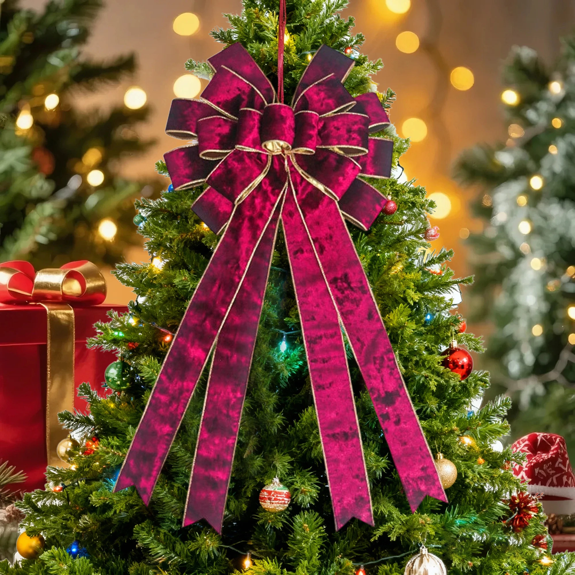 Red Velvet Christmas Tree Topper Bow Large Holiday Decoration Ornament for Home Office Party Festive Decor