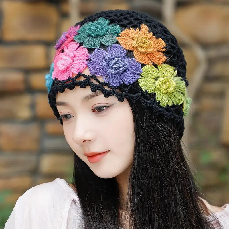 Japanese Spring Summer Literary and Artistic Colorful Flower Hollow Bag Head Hat Women Sweet Fashion Hand-crocheted Beanie Cap 4