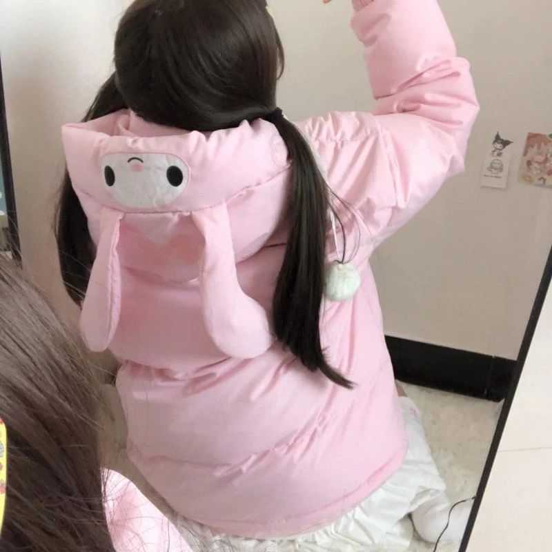 

Sanrio MyMelody Anime Leisure Embroidery Preppy Style Cute Hooded Cotton Clothes Girl Winter Coat Thicken Splicing Cotton Jacket
