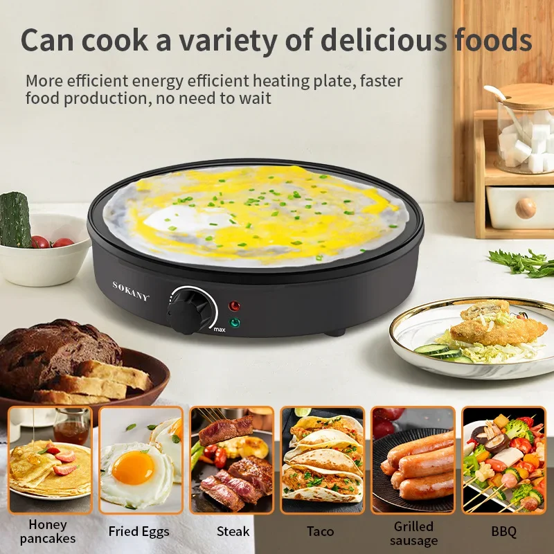 12" Griddle & Crepe Maker Non-Stick Electric Crepe Pan Batter Spreader & Recipe Guide- Dual Use for Eggs Pancakes electric crepe maker