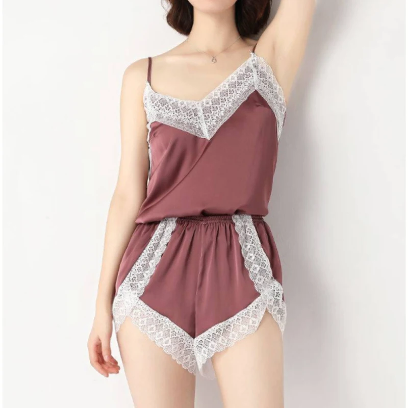 

Women's Sleepwear Sexy Satin Pajama Set White Lace V-Neck Pyjamas Sleeveless Cute Cami Top and Shorts High Quality