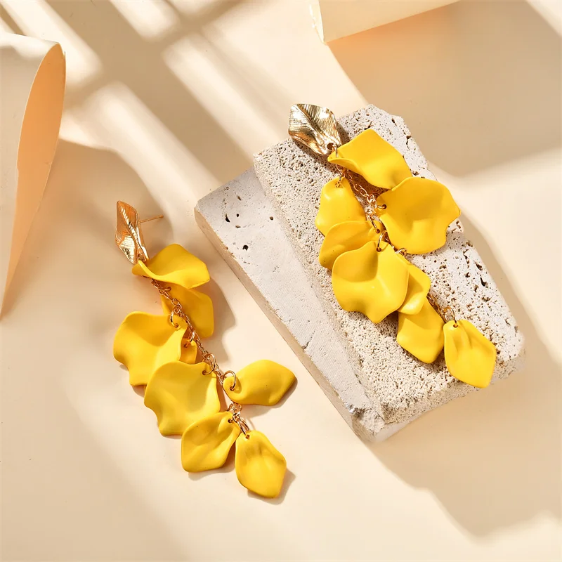 Gold Metal Leaf Acrylic Petal Tassel Earrings - Bold Floral Statement in Rose, Pink, and Orange