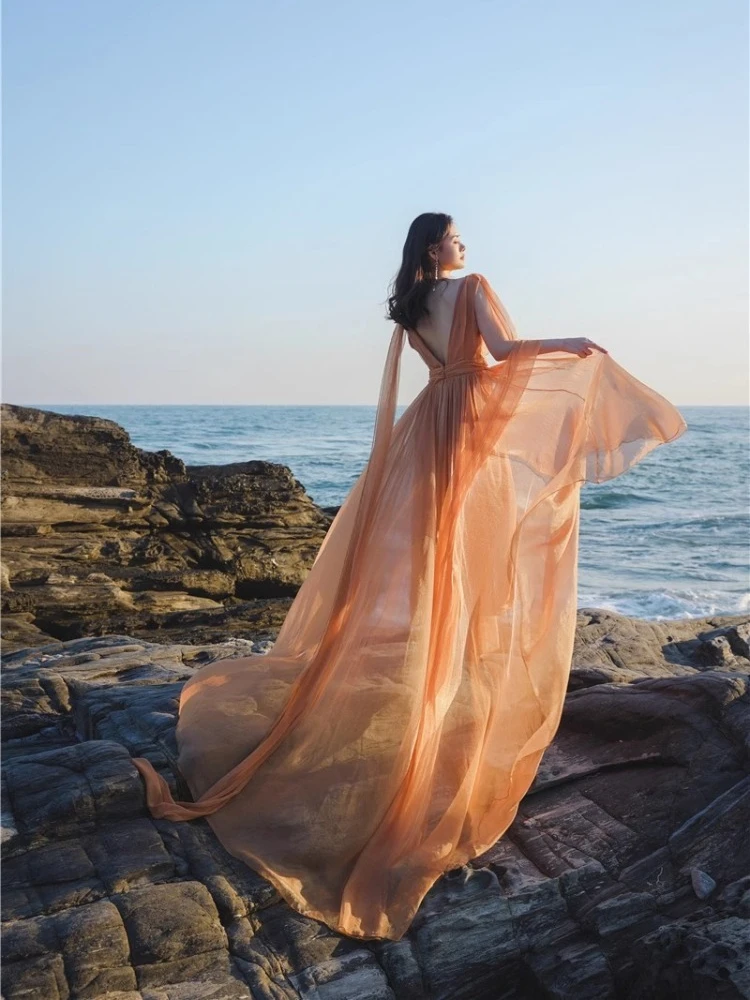 Sea Photography White Maxi Beach Dress Women Summer Fairy V-neck Tailed  Train Sleeveless Dress Flowing Backless Draped Dresses - AliExpress  200000345