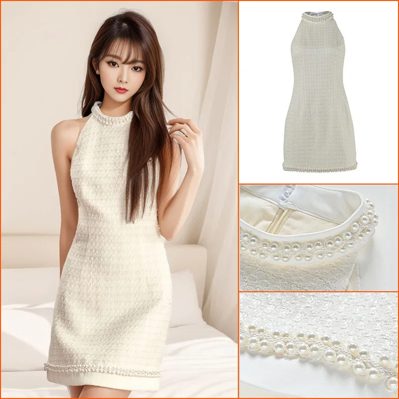 L3029 2023 Summer French Elegant Chic Tweed Beading Pearls Webbing Halter  Neck Mini Dress for Women Luxury High Quality - AliExpress