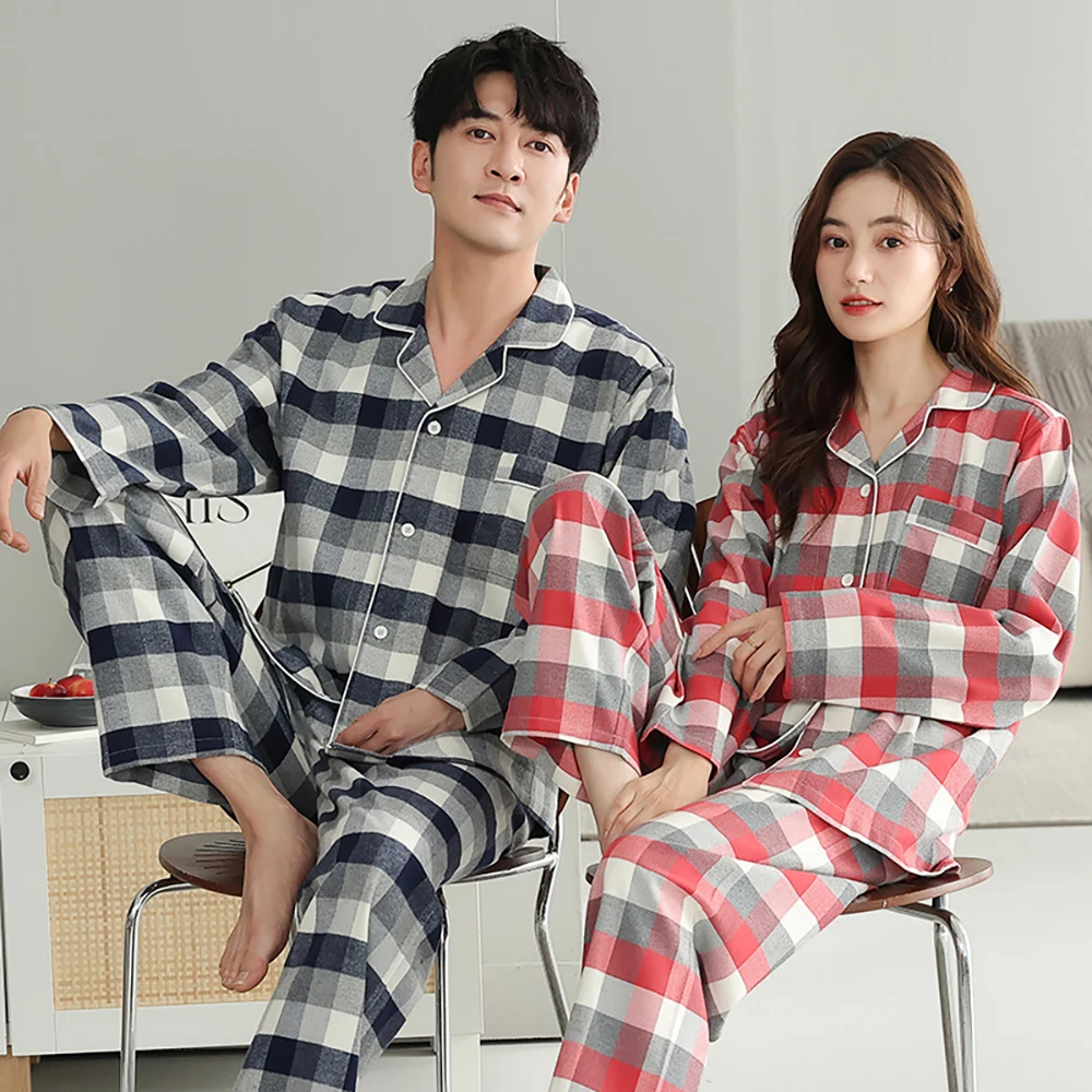 Autumn Winter Comfortable 100% Cotton Pajamas Set for Couples Double Layer Gauze Plaid Couple Sleepwear Soft Loose pijama hombre