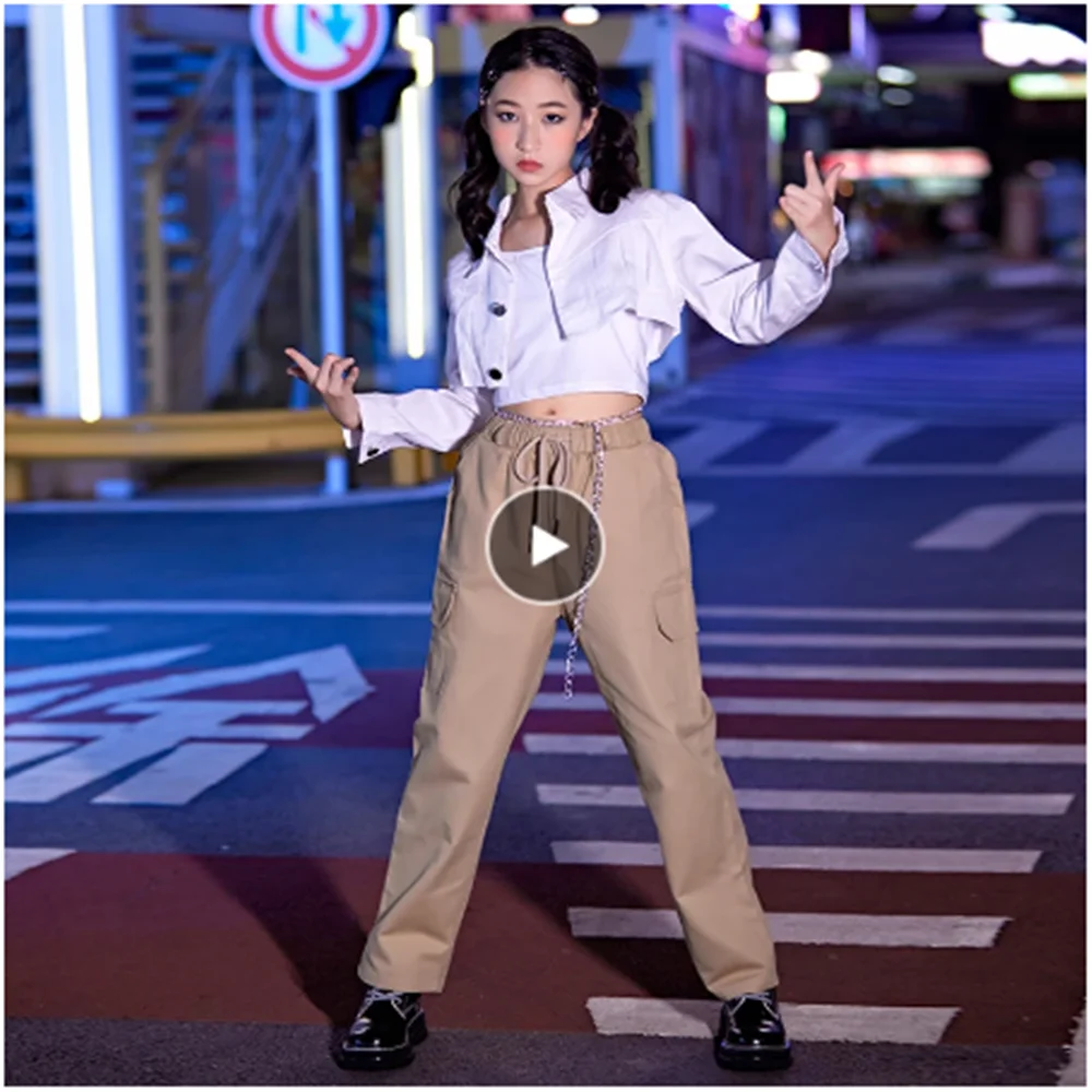 

Jazz Dance Costume For Girls Hip Hop Dance Clothes Short Jacket Khaki Cargo Pants Street Dance Wear Festival Clothing