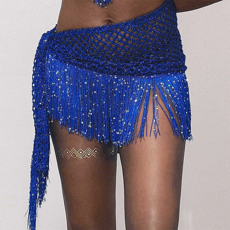 Women Belly Dance Hip Skirt, Sequins Tassel Hip Wrap Scarf Beach Party Stage Show Costume Holiday Beach Wear