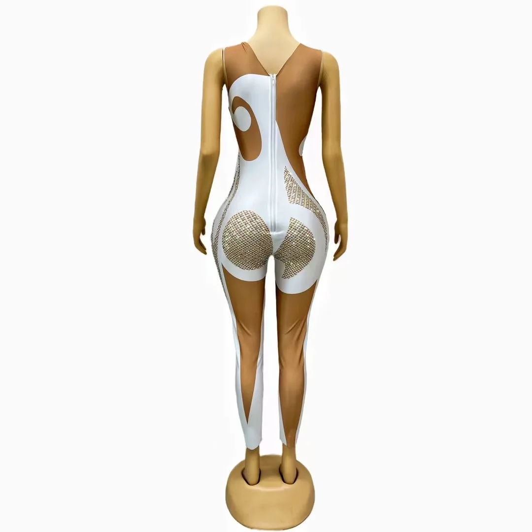 Women High Street Sparkly AB Crystals White Printed Jumpsuit Nightclub Birthday Party Stage Performance Dance Rompers Outfit 3