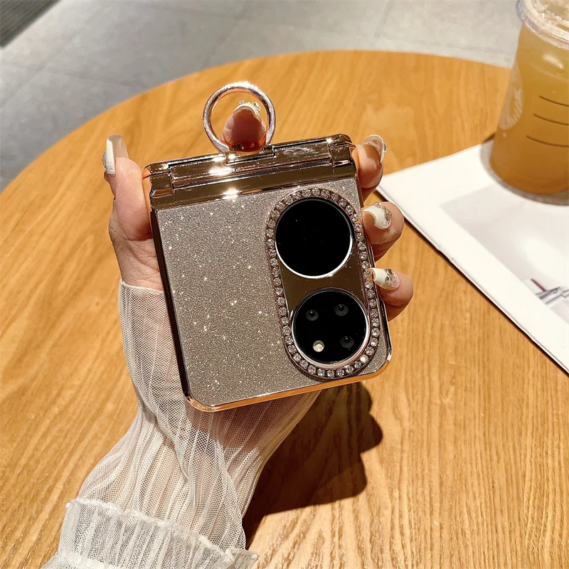 Luxury Plating Bling Glitter Phone Case For Huawei P50 Pocket Hard PC Leather Shockproof Hinge Protection Cover For Pocket 2