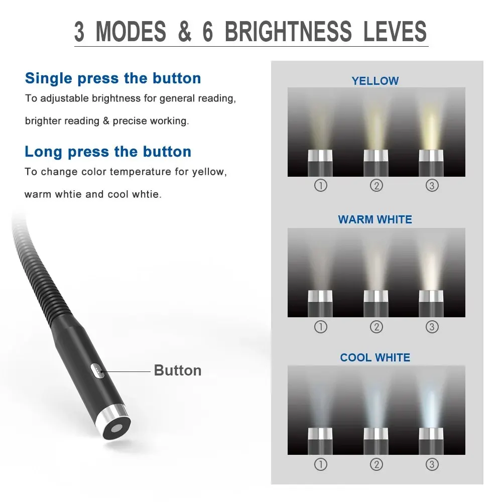 LED Neck Reading Light 3 Mode Reading Lamp Portable Rechargeable Bendable Long Lasting Book Lamp For Camping Night Light