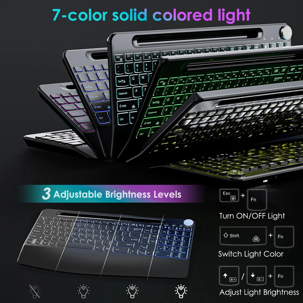 Wireless Keyboard with 7 Colored Backlits, Wrist Rest, Phone Holder, Rechargeable Ergonomic Full Size Keyboard with Silent Keys - 3