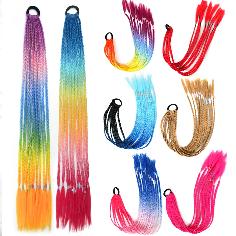 Long Kid Box Braided Ponytail With Elastic Rubber Band Hair Extensions Ombre Rainbow Colored Kids Box Wig Pigtail Hairpiece